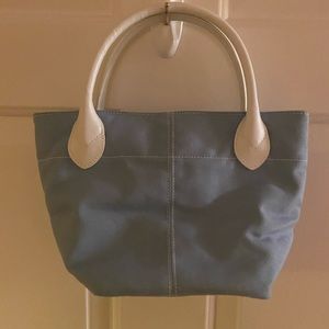 NEW - Baby blue small cotton satchel with white stripes